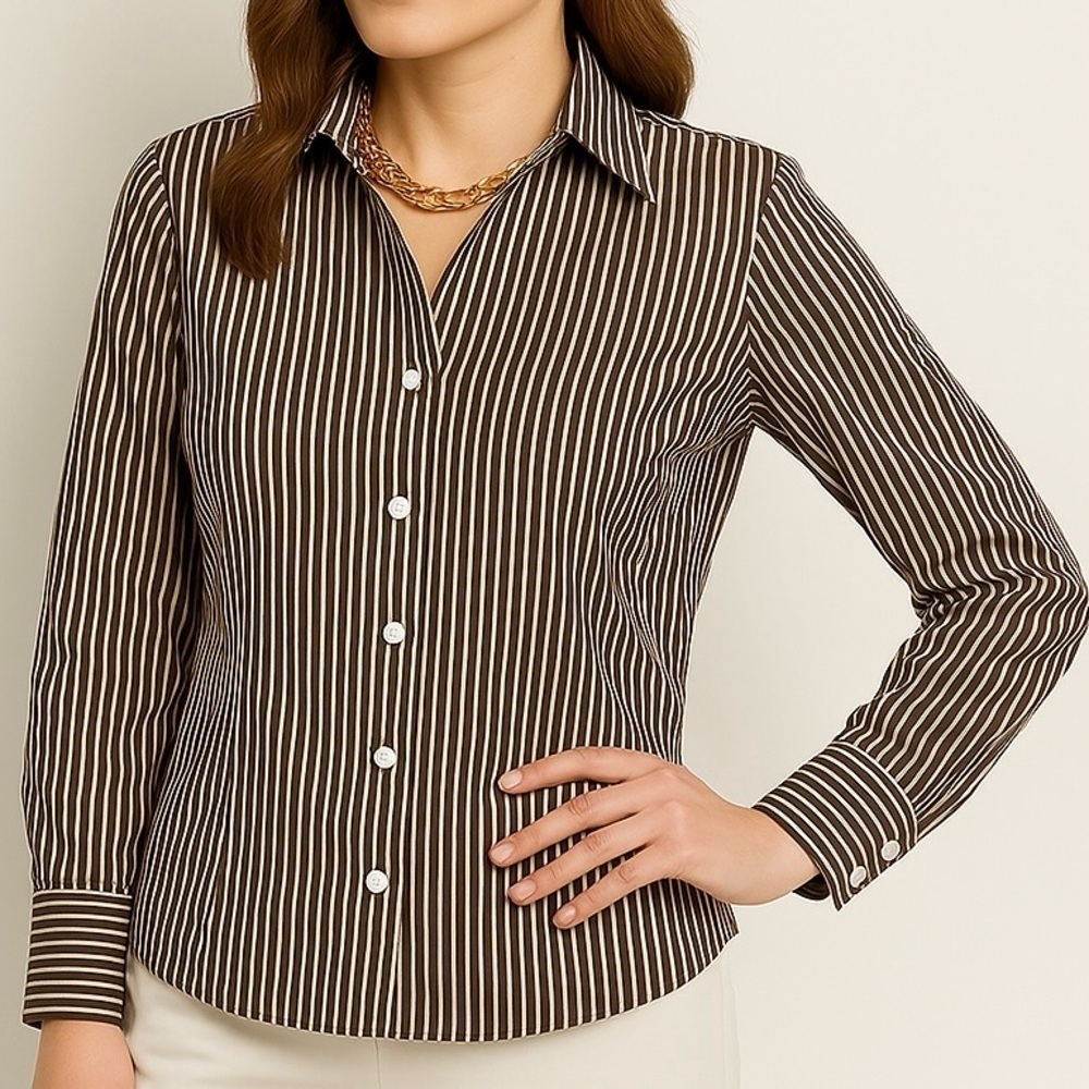 ANNE KLEIN Striped Shirt Pinstripe Button Up Workwear Fitted Seams Brown White 8